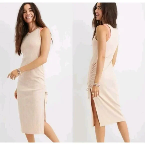 Aerie Beige Ribbed Ruched Fitted Midi Tank Dress Summer Beach Vacation Sexy Glam - Picture 8 of 8